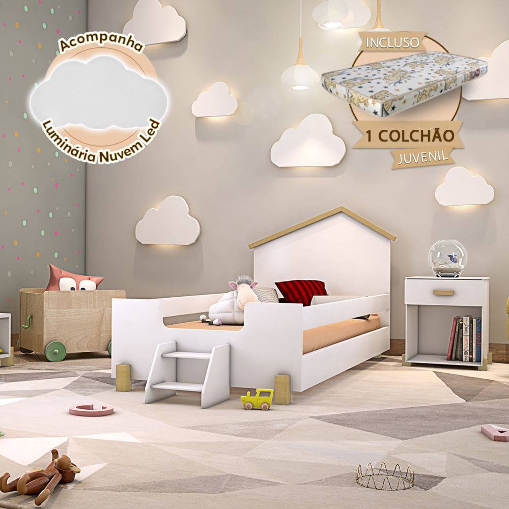 Cama de Criança Infantil com Colchão e Escadinha Juvenil Ayla Branca e Natural Luminária Led