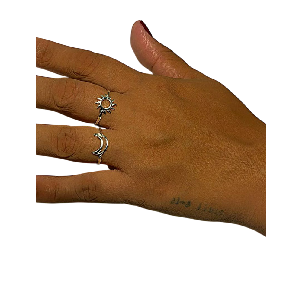 Kit Anel Sol e Lua de Prata Legítima 925