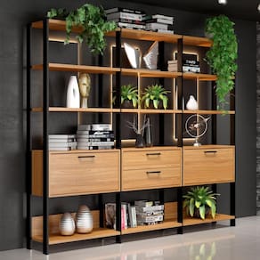 Estante para Livros Home Office 100% Mdf 2 Portas 2 Gavetas Freijó/Preto - Panorama Móveis