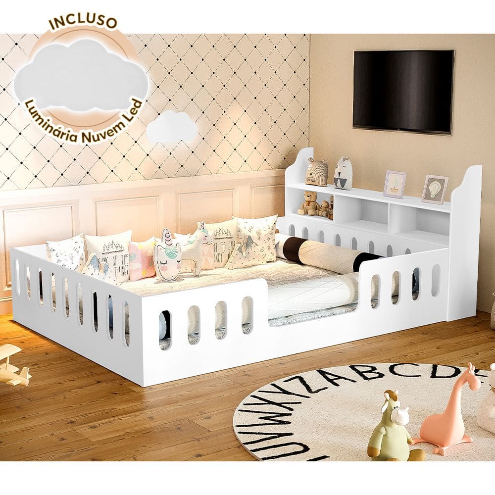 Cama de Criança Infantil Casal com Nicho Helo Luminária Led - Branca