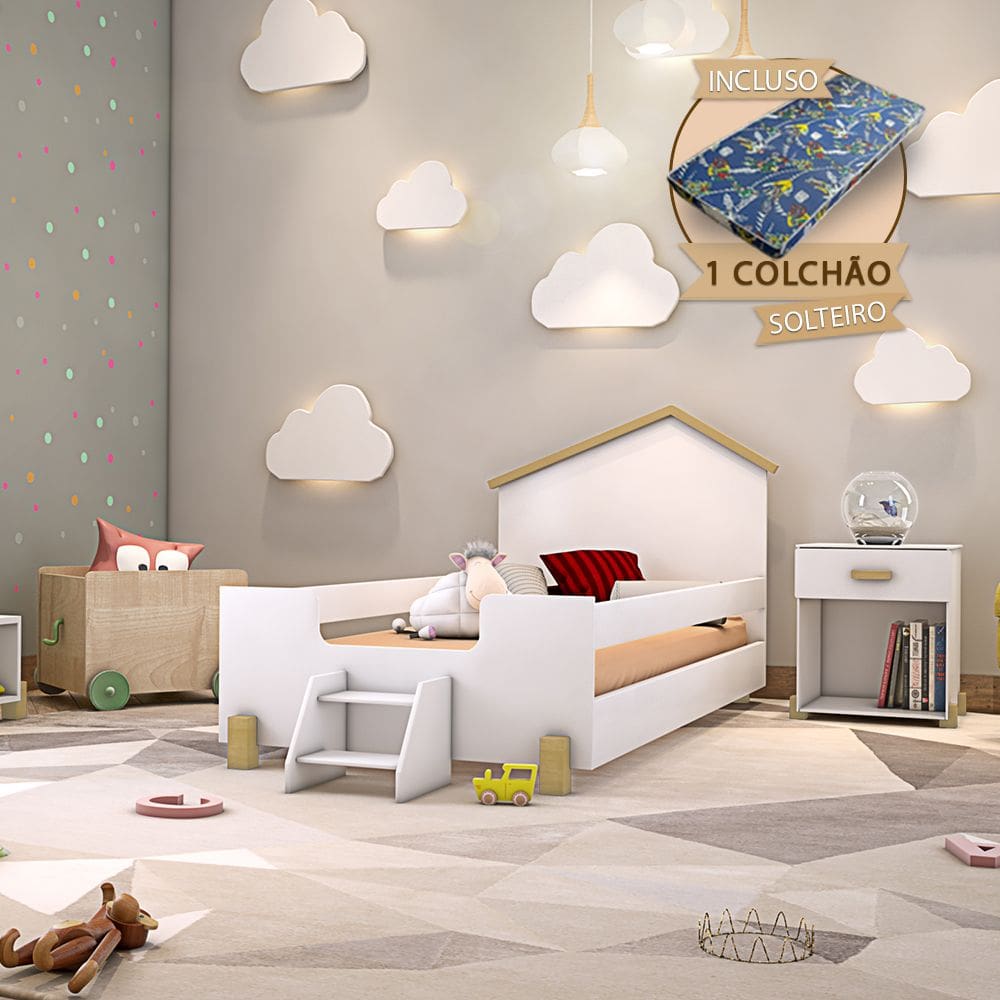 Cama de Criança Infantil com Colchão e Escadinha Solteiro Ayla - Branca e Natural