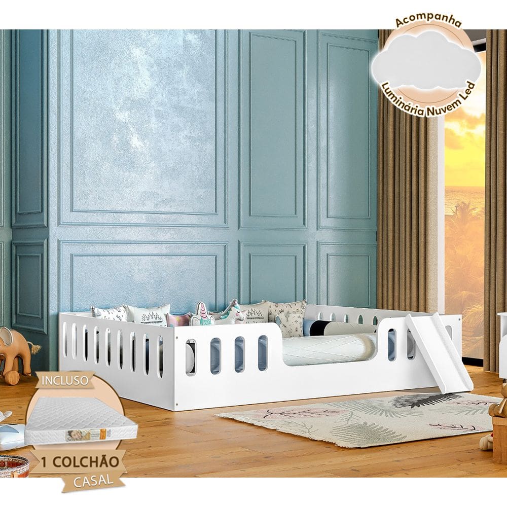 Cama Casal Design Montessoriana Helo com Nicho + Kit 33 Branca Divaloto + Luminária