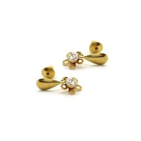 Brinco Tarraxa Baby Pendente Flor Pedra Ouro 18k Delicado