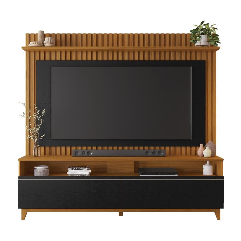 Rack com Painel para TV até 65 Polegadas Ripado 2 Portas NT 1340 Freijó/Preto - Notável