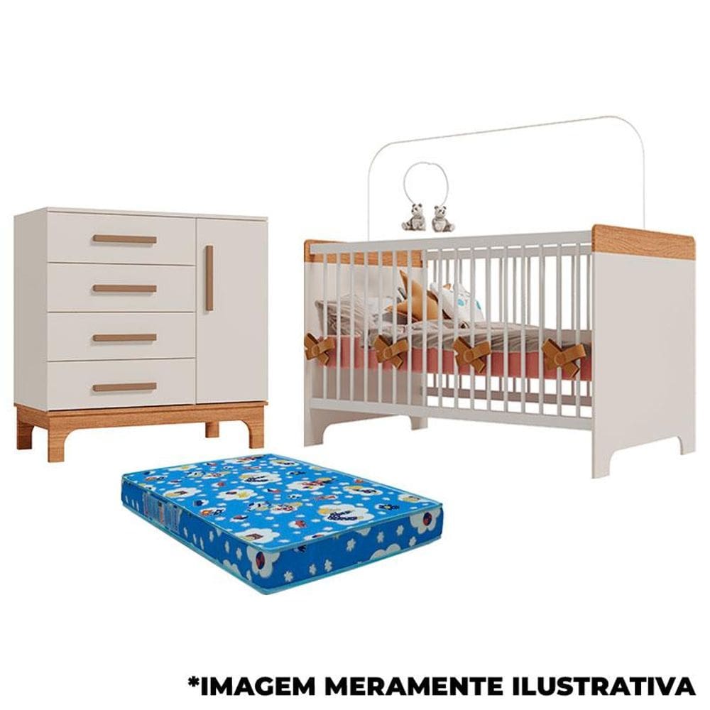 Berço Mini Cama e Cômoda Infantil Pega Pega Off White Caramelo com Colchão - Canaã