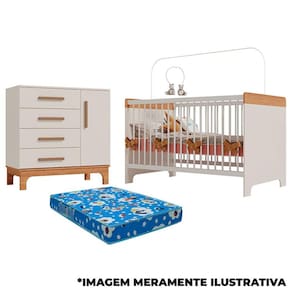 Berço Mini Cama e Cômoda Infantil Pega Pega Off White Caramelo com Colchão - Canaã