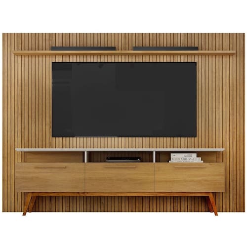 imagem-Painel Home Suspenso Valdemóveis Curitiba Com Rack Bancada Com Largura 2,24 Metros Pata Tv De 75 Polegadas Cinamomo/Off White - Marrom