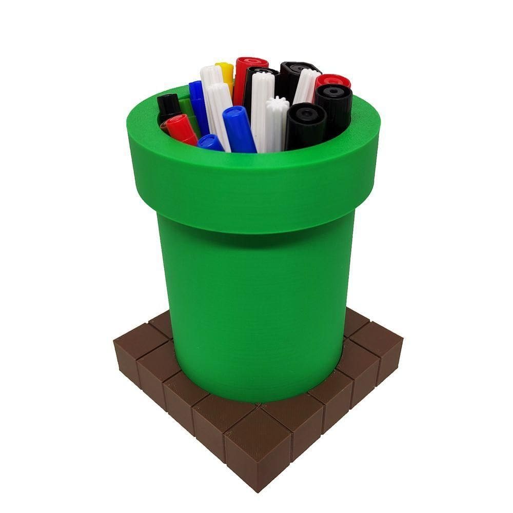 Porta Objetos Caneta Cano Com Base Tijolinhos 3d Decorativo Mario Geek Gamer