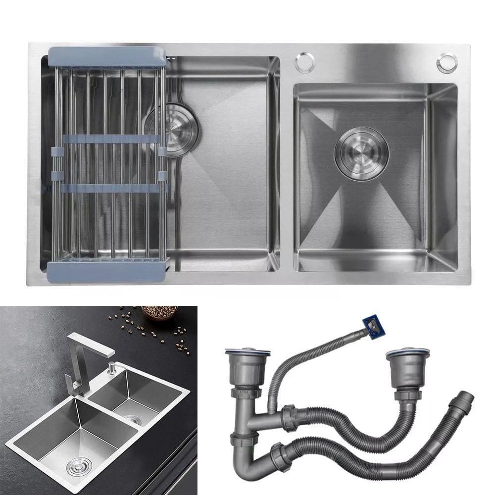Cuba Dupla Cozinha Goumert Aço Inox Escovado Escorredor Luxo Lava Louça Casa Balcao Pia Torneira Limpeza Area Externa