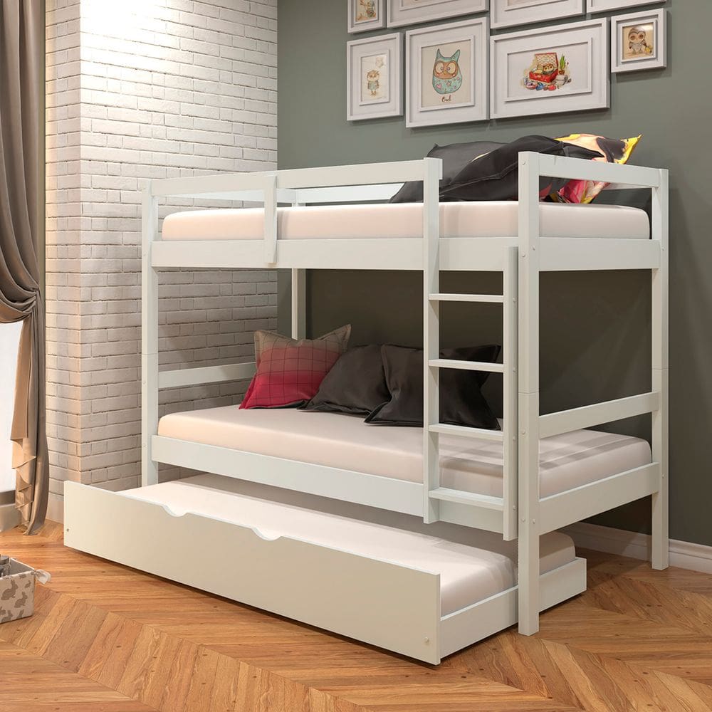 Cama Triliche De Solteiro Em Madeira Com Auxiliar Woodstore