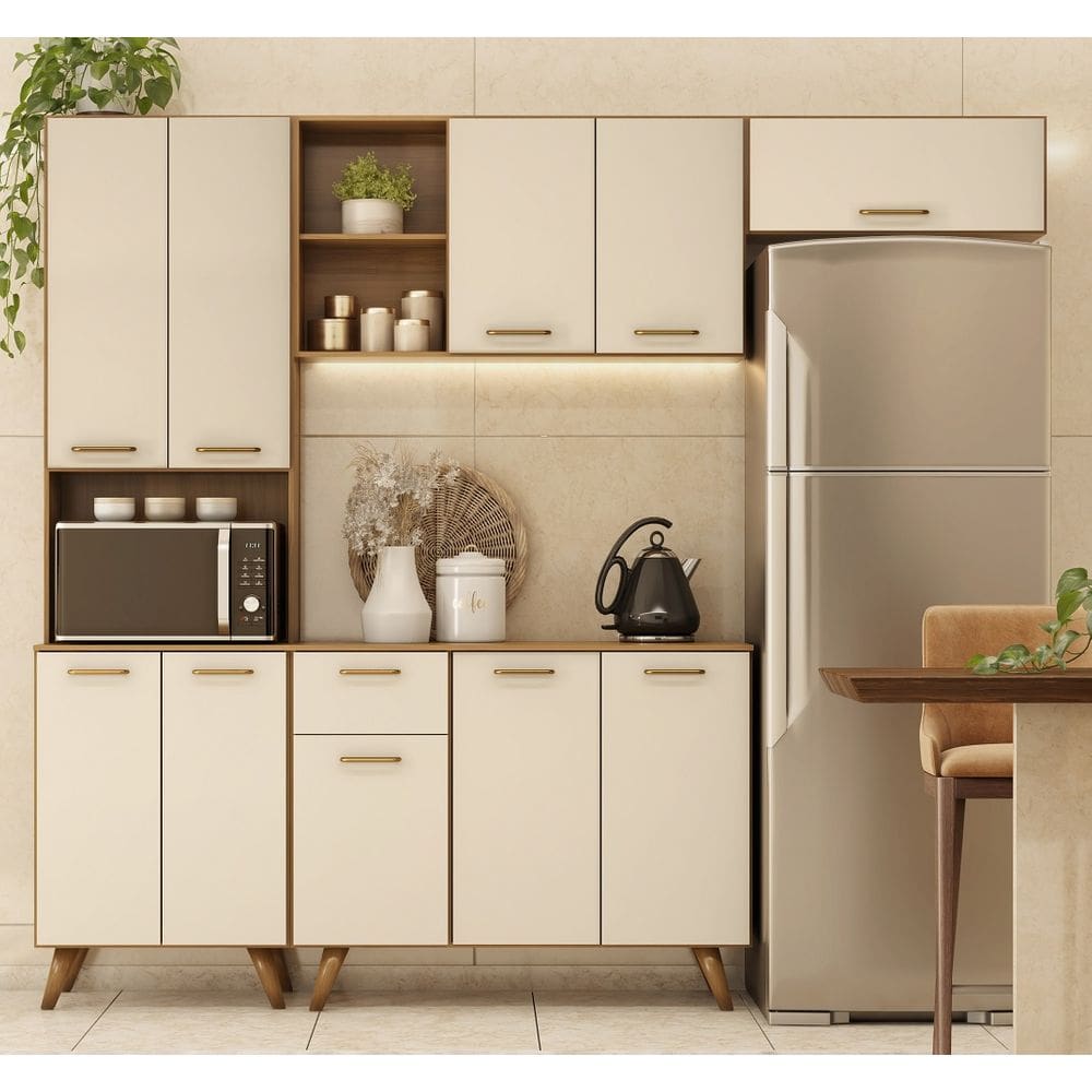 Cozinha Compacta Olinda 209m com Balcão e tampo MDP 105m - Freijó UV/Off Acetinado Poliman 