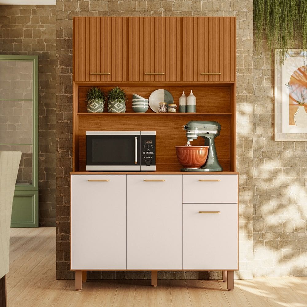 Armário de Cozinha Compacta New Livia 6 Portas 1 Gaveta - Freijó UV/Ripado/Off Acetinado Poliman 