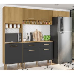 Cozinha Compacta Maia com Balcão 120m com Tampo MDP - Freijó UV Ripado/Grafite Acetinado Poliman