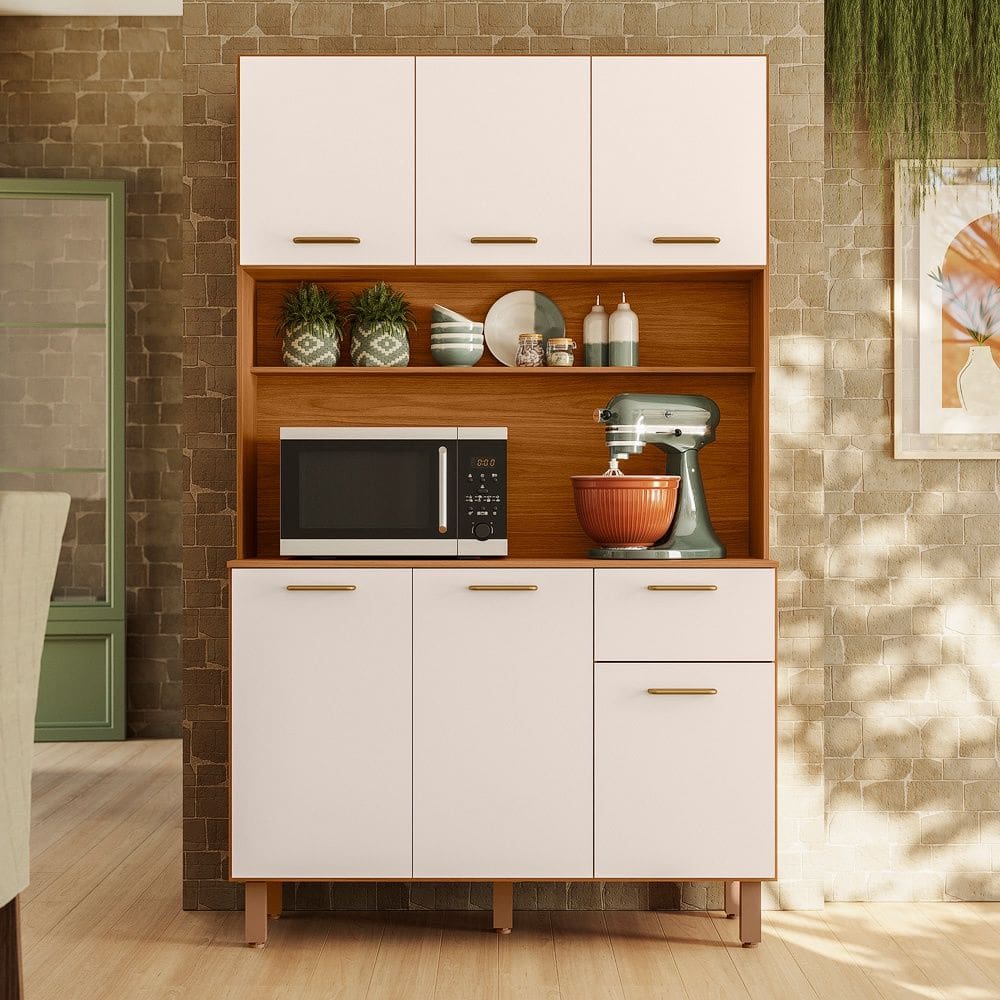 Armário de Cozinha Compacta New Livia 6 Portas 1 Gaveta - Freijó UV/Off Acetinado Poliman