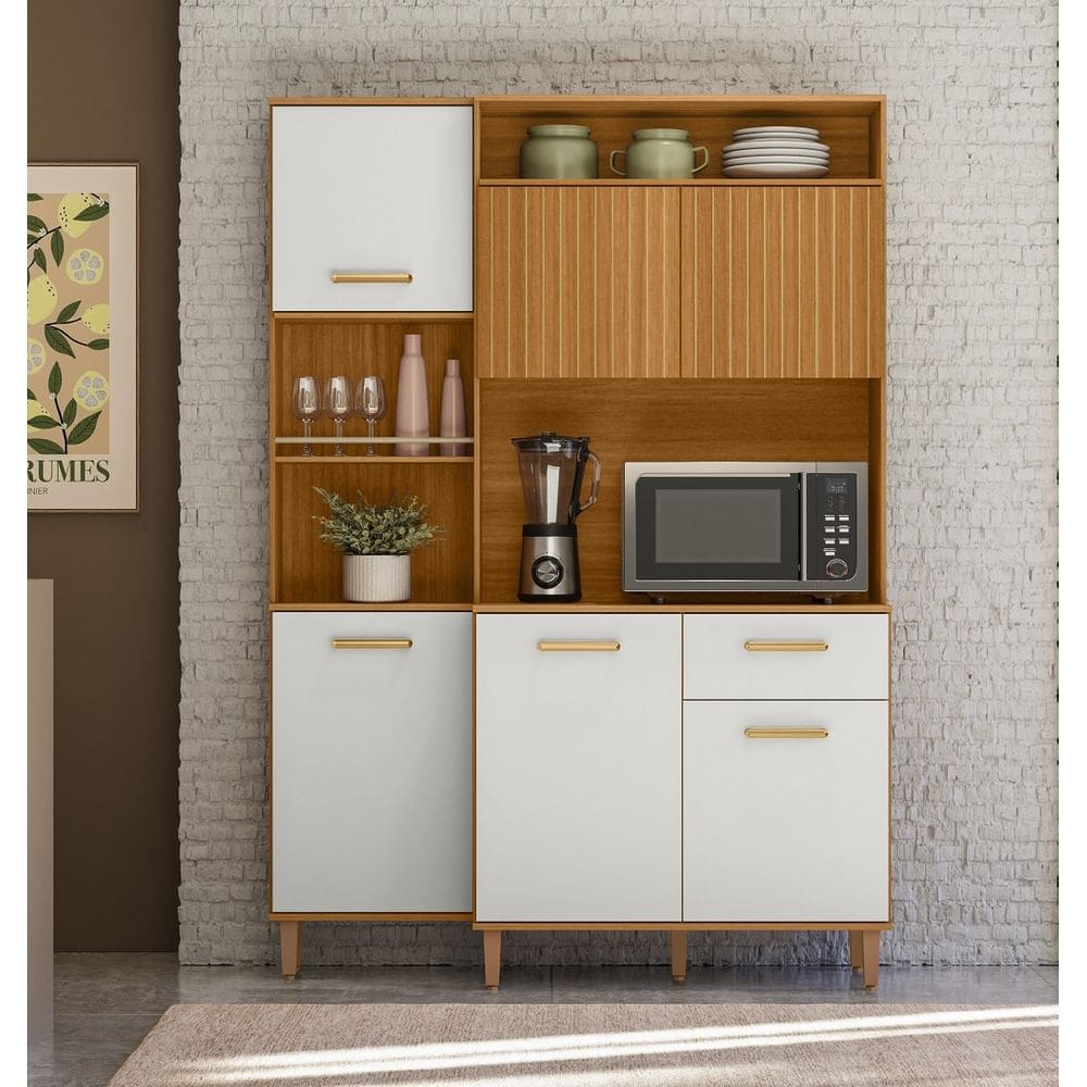 Armário de Cozinha Compacta 137cm July Freijó Uv/Off Acetinado/Ripado Frisado Poliman 