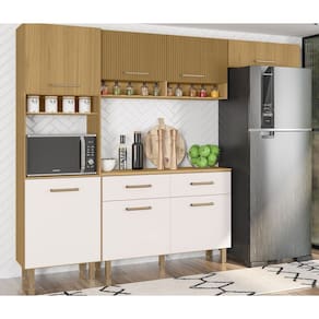 Cozinha Compacta Maia com Balcão 120m com Tampo MDP - Freijó UV Ripado/Off Acetinado Poliman