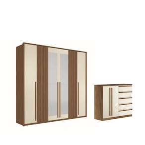 Kit Guarda Roupa 6 Portas Espelho e Cômoda Cotia Jatoba Areia