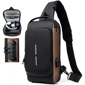 Pochet Masculina Com Cadeado à Prova D`água Anti-roubo Cinza Com Dourado