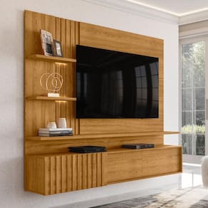 Home Para TV Painel Com LED Porta Ripada Nice Cumaru