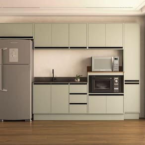 Cozinha 6 Peças Balcão 3 Gavetas 2 Portas Aéreo Balcão Alto Paneleiro Sem Tampo Koya Branco/Verde Oliva