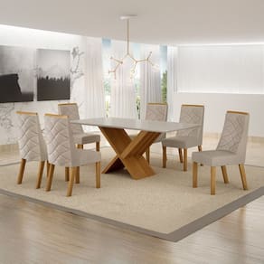 Conjunto Sala de Jantar Mesa 180cm Tampo de 2,5cm com 6 Cadeiras Aurora Cinamomo/Off White/Bege