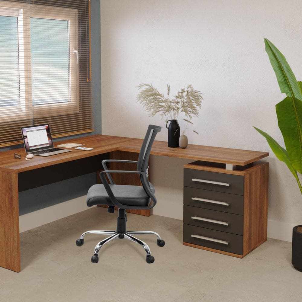 Conjunto de Mesa e Gaveteiro com Gavetas para Escritório Direito Marrom/Preto