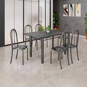 Conjunto de Mesa Tubular 140x75cm Tampo em Ardósia Indiano com 6 Cadeiras Iris B Preto/Mart Prata