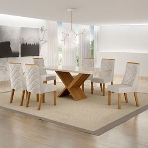 Conjunto Sala de Jantar Mesa 180cm Tampo de 4,0cm com 6 Cadeiras Aurora Cinamomo/Off White/Palha