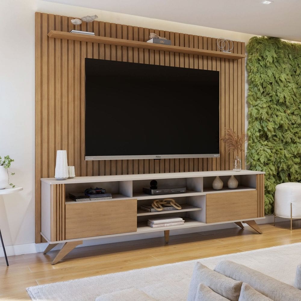 Rack Bancada Mariana Pés Madeira Maciça com Painel Vitória para TV até 65 Polegadas Off White/Cinamomo