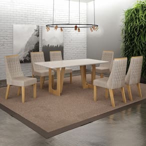 Conjunto Sala de Jantar Mesa 180cm Tampo de 2,5cm com 6 Cadeiras Luna Cinamomo/Off White/Bege Linho