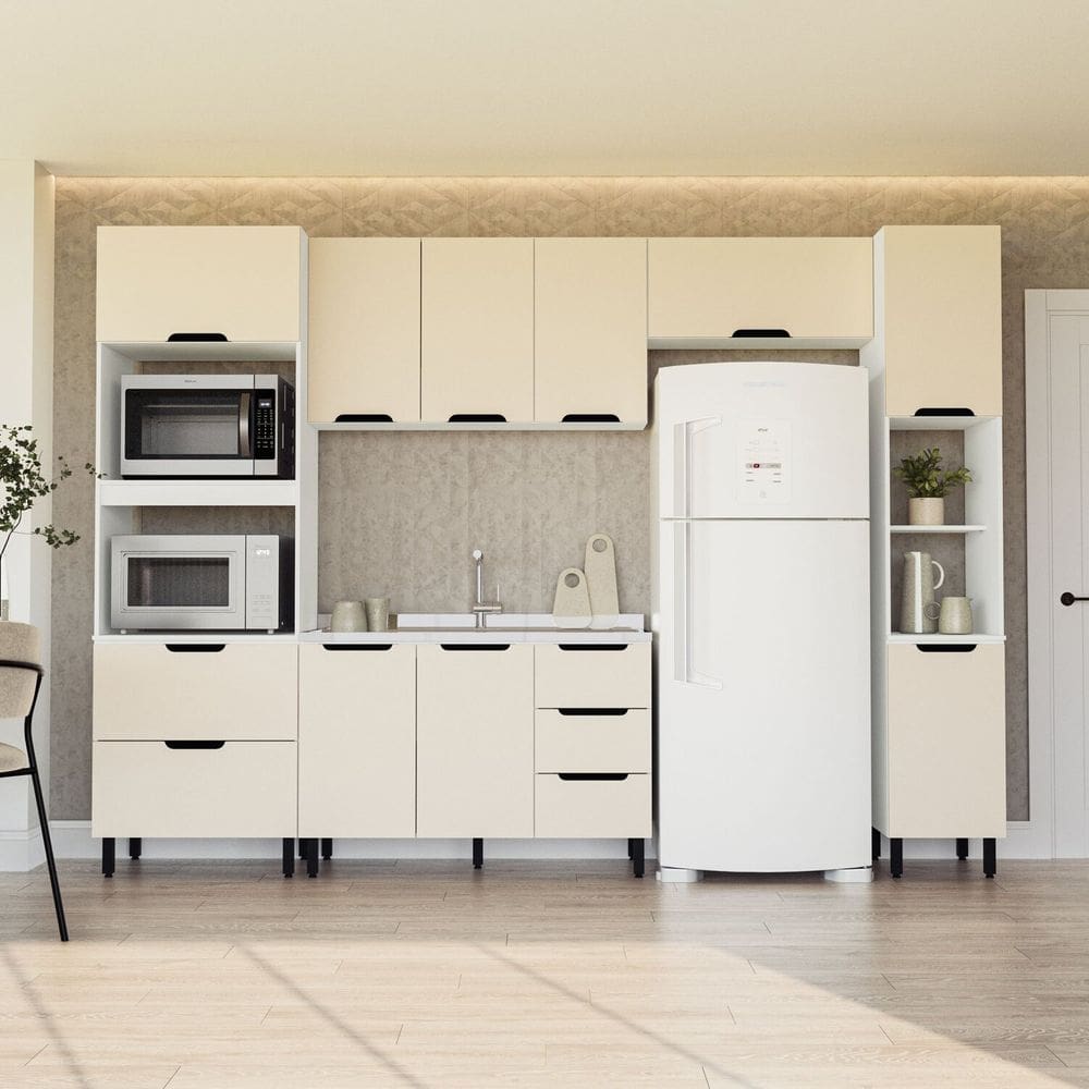 Cozinha 5 Peças Balcão 3 Gavetas 2 Portas Aéreo Paneleiro Torre Quente sem Tampo Meena Branco/Creme