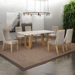 Conjunto Sala de Jantar Mesa 180cm Tampo de 4,0cm com 6 Cadeiras Luna Cinamomo/Off White/Palha