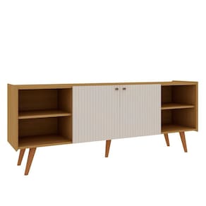 Rack para TV até 65 Pol 100% MDF Molduras 45° 2 Portas e Pés em Madeira Maciça Cinamomo/White