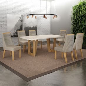 Conjunto Sala de Jantar Mesa 160cm Tampo de 4,0cm com 6 Cadeiras Luna Cinamomo/Off White/Bege