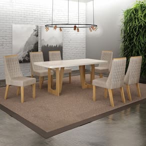 Conjunto Sala de Jantar Mesa 180cm Tampo de 4,0cm com 6 Cadeiras Luna Cinamomo/Off White/Bege Linho