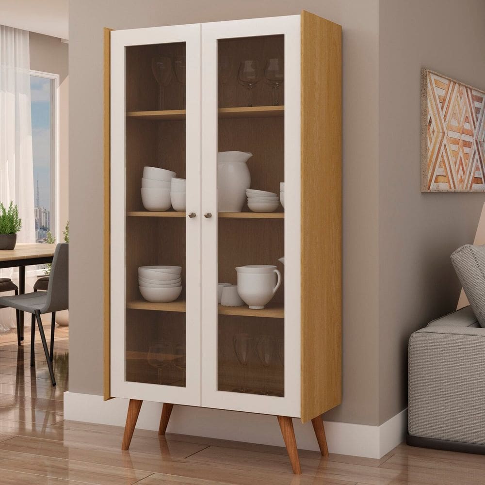 Cristaleira 2 Portas de Vidro Molduras com Detalhes em 45° 100% MDF Cinamomo/White