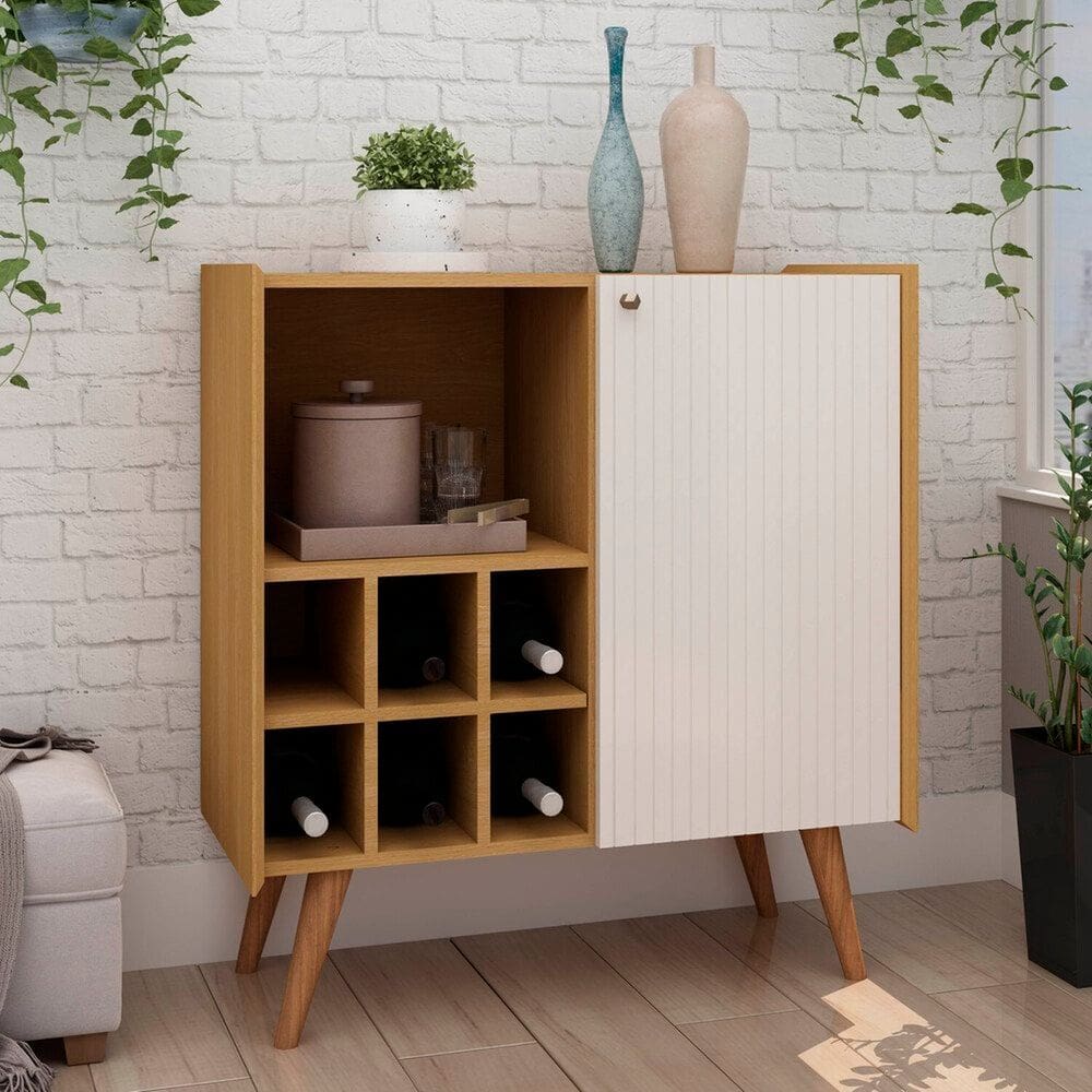 Balcão Adega 100% Mdf Molduras em Ângulo 45° Pés em Madeira Maciça Cinamomo/White