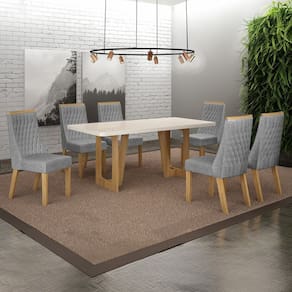 Conjunto Sala de Jantar Mesa 180cm Tampo de 4,0cm com 6 Cadeiras Luna Cinamomo/Off White/Prata Linho