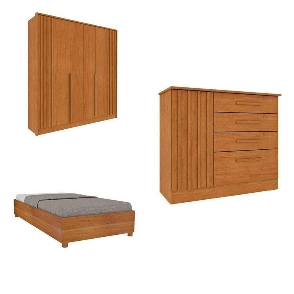 Quarto Solteiro Guarda-Roupa Ripado Nova York, Cama Solteiro Mônaco, Cômoda 4 Gavetas Nova York Cinamomo