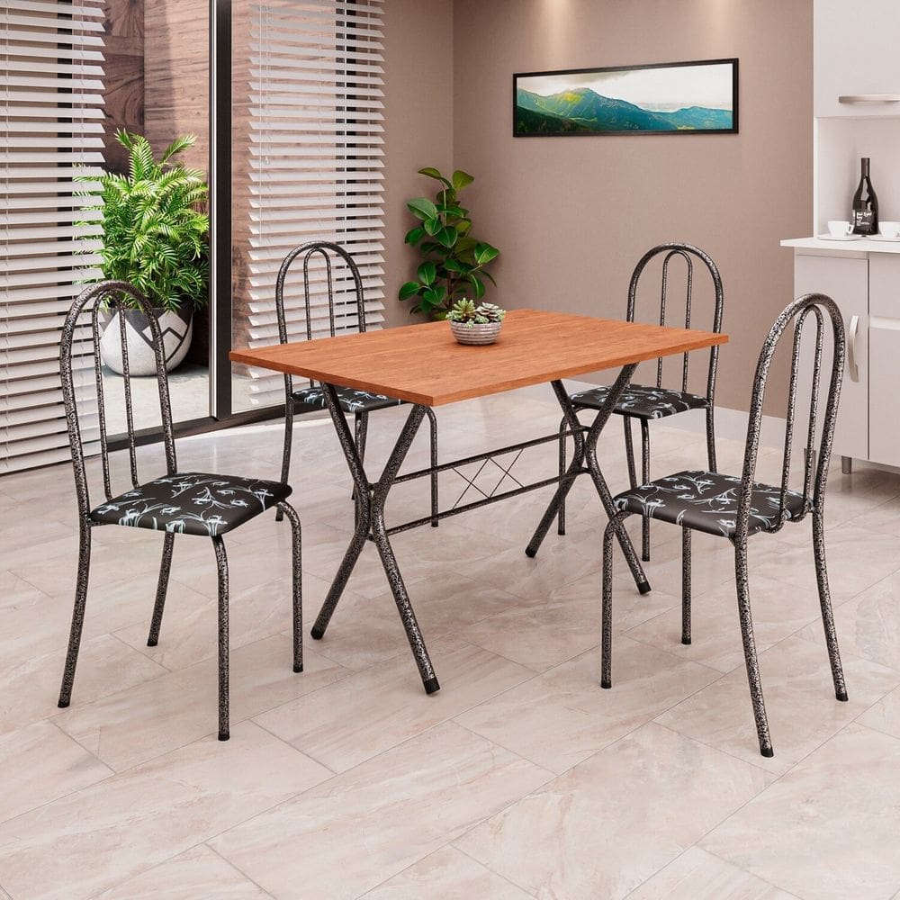 Conjunto de Mesa Tubular 62 100x60cm Tampo em Mdf com 4 Cadeiras Ane B Preto Floral/Mart Prata