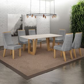 Conjunto Sala de Jantar Mesa 160cm Tampo de 2,5cm com 6 Cadeiras Luna Cinamomo/Off White/Prata Linho
