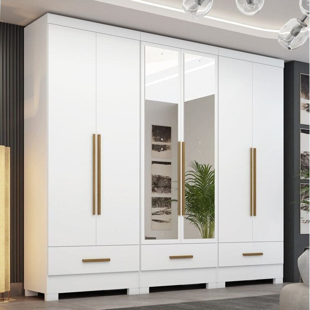 Quarto Modulado 3 Peças 6 Portas 3 Gavetas com Espelhos Smart Plus Branco