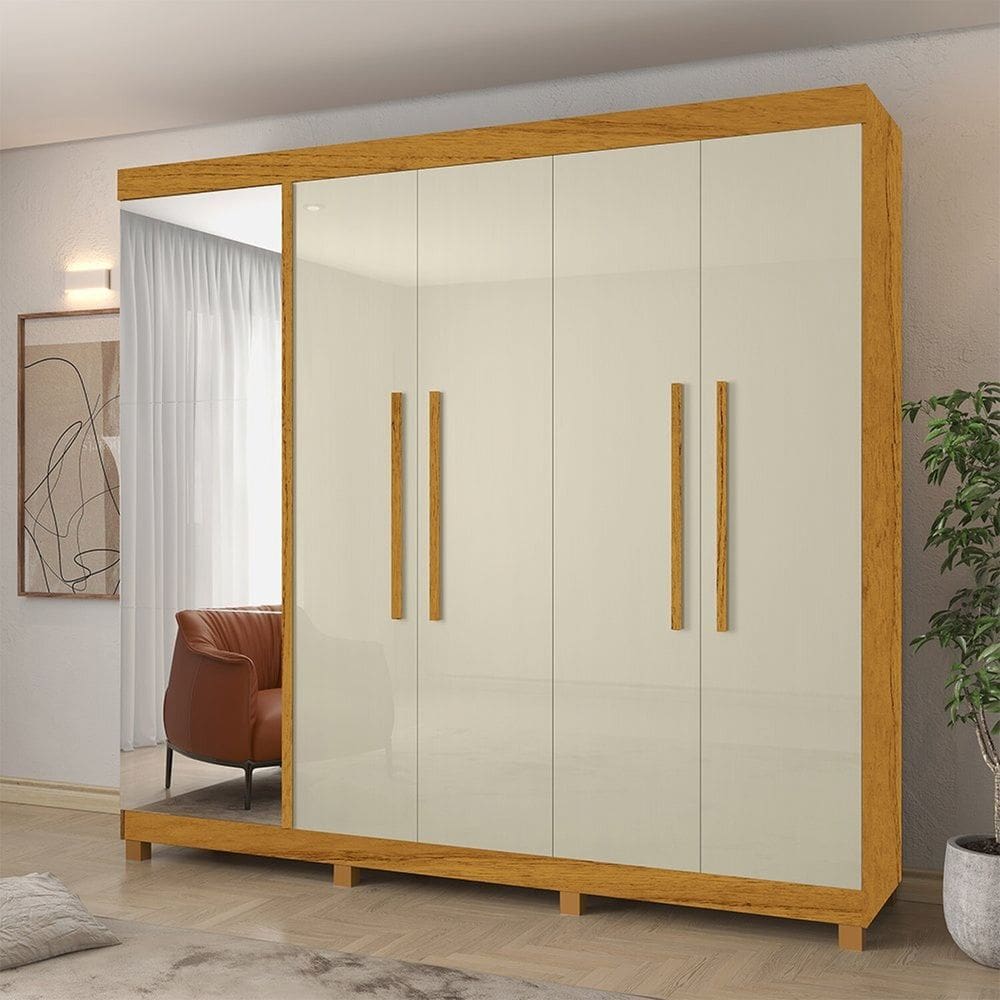 Guarda-Roupa Casal com Sapateira 5 Portas 1 Porta Espelhada Diamante 100% MDF Naturale/Off White