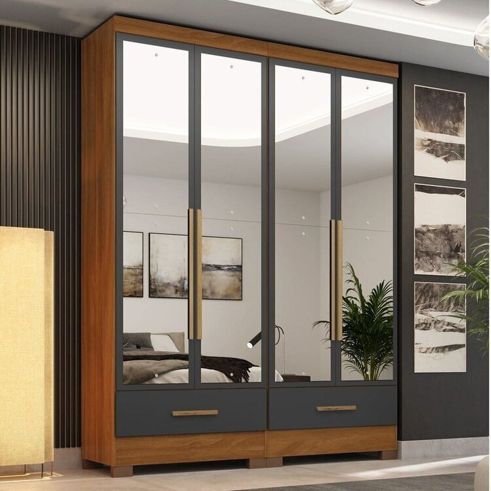 Quarto Modulado 2 Peças 4 Portas 2 Gavetas com Espelhos Smart Plus Espresso Móveis Cinamomo/Cinza