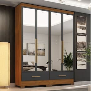 Quarto Modulado 2 Peças 4 Portas 2 Gavetas com Espelhos Smart Plus Espresso Móveis Cinamomo/Cinza