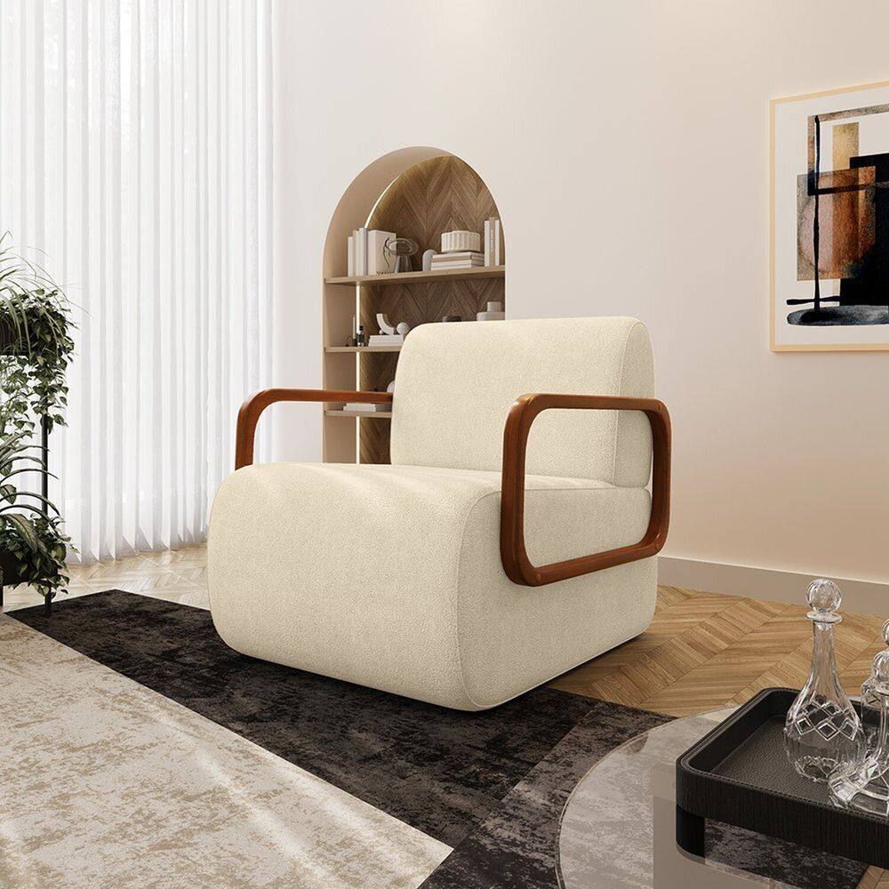 Poltrona Decorativa Orgânica com Braço em Madeira Caicos Espresso Móveis Off White
