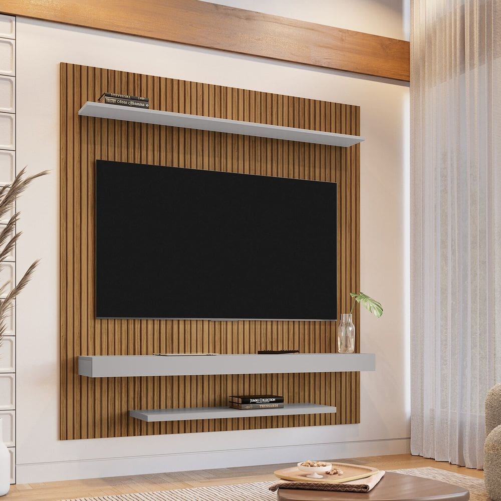 Painel para TV Até 60 Polegadas Impressão Ripada 3D Leme Cinamomo/Off-White