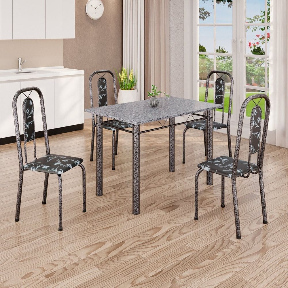 Conjunto de Mesa Tubular 020 100cm x 60cm Tampo com 4 Cadeiras Lívia Preto / Prata