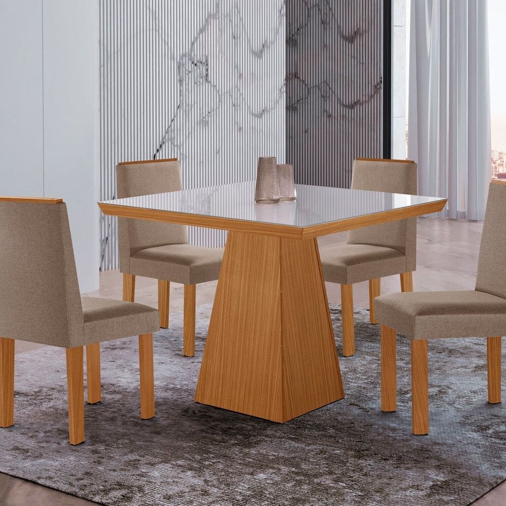 Conjunto Sala de Jantar Mesa Tampo de Vidro 4 Cadeiras Flora Yescasa Castanho Cinamomo /Cinza Escuro / Off White