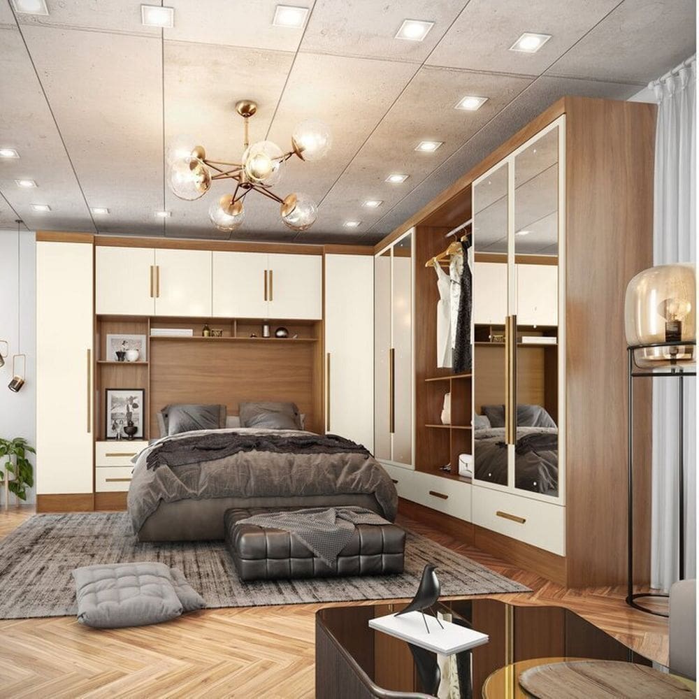 Quarto Modulado Casal Completo 6 Peças 6 Portas 5 Gavetas com Maleiro e Espelhos Smart Plus Cinamomo/Offwhite